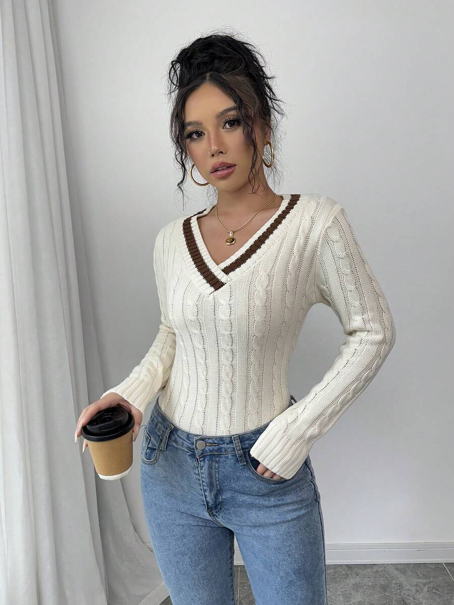 Chiquease V-Neck Long Sleeve Cable Knit Sweater For Women, College Style Soft & Cozy Knitted Pullover, Slimming And Versatile, Autumn/Winter Fall - Multicolor - View 1