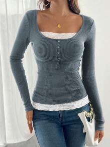 Chiquease Camiseta de cuello redondo de mujer con diseño de empalmado de encaje y terciopelo acanalado marrón, diseño de falso 2 piezas, para otoño/invierno