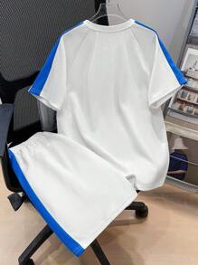 SHEIN 2pcs Tween Boy Casual Korean Style Letter Print Color Block Textured Waffle Fabric Short Sleeve T-Shirt And Shorts Set, Suitable For Commuting, School, Daily Casual, Sports, Spring/Summer - White - View 4