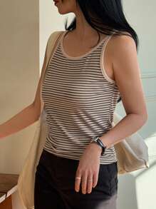 DAZY Women Crew Neck Striped Casual Tank Top, Minimalist Fashion For Daily Wear Summer - Black and White - View 3