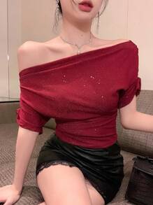 DAZY 女士休闲斜肩短袖上衣，亮片露脐上衣 - 酒紅色 - 查看 4