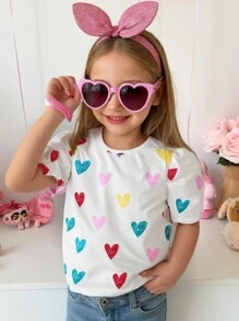 女孩彩色心形印花圆领泡泡袖超大可爱 T 恤，适合情人节