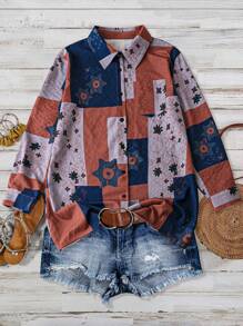 EMERY ROSE 女士休闲印花长袖宽松长衬衫