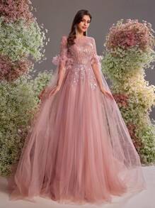 Glamrae Elegant & Luxurious Mesh Patchwork Long Sleeve Maxi Dress With Faux Pearl Beading & Sequins, Wedding Guest Dress, Suitable For Wedding, Party, Prom, Banquet, Vacation, Formal Dress, Evening Dress,Gown - Dusty Pink - View 5