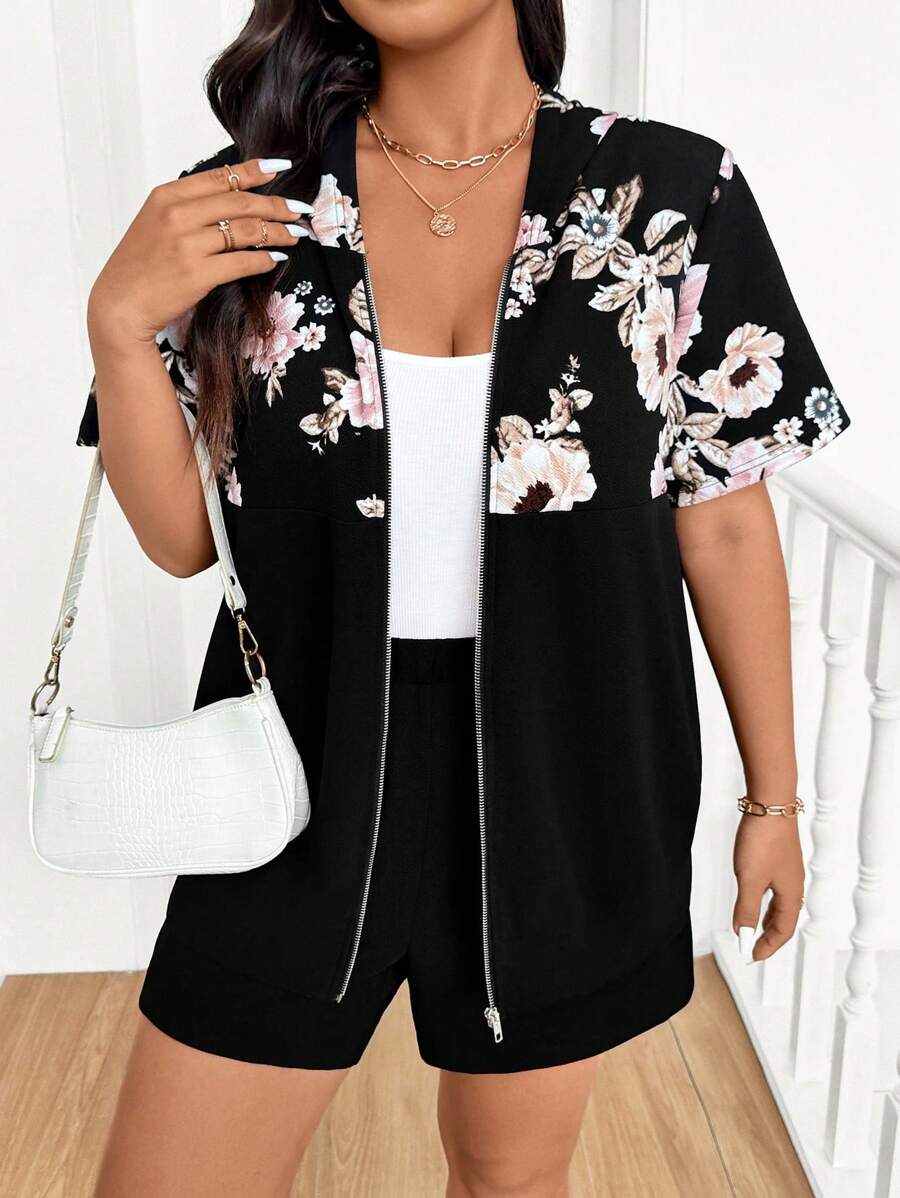 SHEIN LUNE Plus Summer 2pcs/Set Floral Print Front Zipper Casual Loose Top And Shorts - Multicolor - View 1