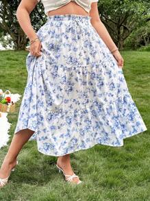 SHEIN MOOSTA Plus Size Layered Patchwork A-Line Long Skirt, Casual Elegant Holiday Style, Blue & White - Blue and White - View 5