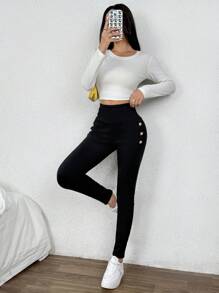 SHEIN PETITE Petite Women Metal Button Waisted Slim Fit Leggings - Black - View 5