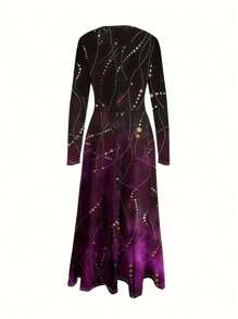 Women's Elegant Long Dress With Sparkling Dot And Line Print, Deep Purple Fall Cloth For Women - Multicolor - View 2