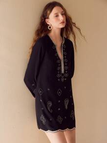 MOTF PREMIUM RHINESTONE PATTERN SCALLOP HEM DRESS - Black - View 4