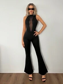 SHEIN ICON Sleeveless Mesh Patchwork Mock Neck Slim Fit Bodysuit - Black - View 6