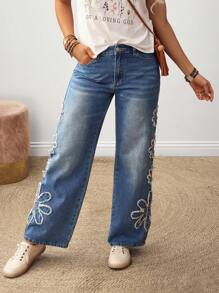 EMERY ROSE Quần Jeans Ống Thẳng Túi Vá Hoa Cho Nữ Thường Ngày - Màu xanh lam - Xem 3