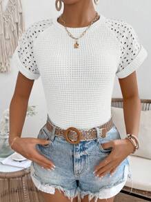 SHEIN LUNE Women's Solid Round Neck Raglan Sleeve Short Sleeve Burnout Embroidered Casual T-Shirt - White - View 6