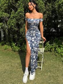 SHEIN EZwear Women's Off Shoulder Slit Allover Print Bodycon Long Dress