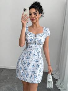 Chiquease 女式短袖前系带印花短款优雅连衣裙