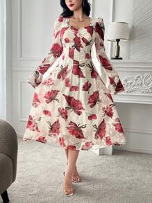 DAZY 女士花卉印花方领泡泡袖中长连衣裙，荷叶边，秋季连衣裙长袖连衣裙