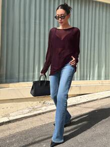 DAZY 1 件女式纯色透明轻薄长袖衬衫，春夏秋季女装 - 酒紅色 - 查看 3