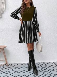 SHEIN LUNE Robe casual femme à col rond rayée à manches longues avec faux 2 pièces - Vert - Voir 5
