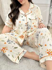 CottageSlumber Bộ đồ ngủ áo và quần in họa tiết hoa cỡ lớn cho nữ cổ ve áo viền tương phản có túi - Màu be - Xem 1