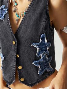 Bohemela 波西米亚牛仔风女式前扣无袖简约毛边牛仔拼接轻薄背心，休闲日常穿着 - 黑色 - 查看 8