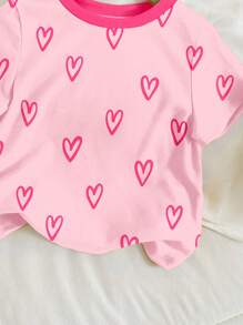 SHEIN Leap Crew 可爱手绘迷你粉色爱心图案，女宝宝休闲简约短袖圆领上衣适合夏季