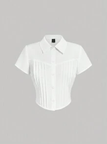 SHEIN MOD Camisa de manga corta con cuello de solapa y diseño de rayas en la parte delantera, camisas Y2K blancas, camisas blancas para mujer - Blanco - Ver 1
