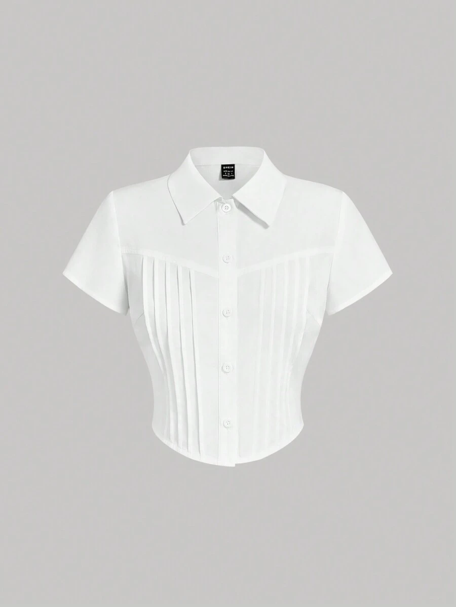 SHEIN MOD Camisa de manga corta con cuello de solapa y diseño de rayas en la parte delantera, camisas Y2K blancas, camisas blancas para mujer - Blanco - Ver 1