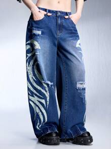 ROMWE Grunge Punk Y3k Vintage Washed Cybersigilism Print Loose Wide Leg Pants - Blue - View 4