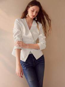 MOTF PREMIUM FAUX PEARL BEADED DOUBLE BUTTON BLAZER,SPRING/SUMMER - White - View 1