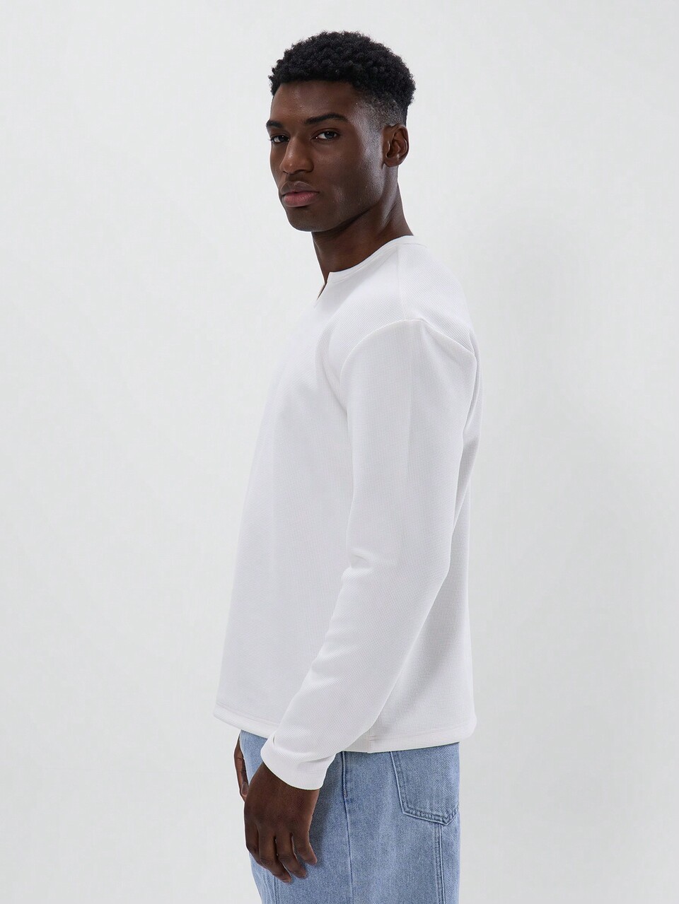 Notch Neckline Waffle Textured Long Sleeve Drop Shoulder Tshirt Top SPRING SUMMER Essentials Layering Basics Capsule Wardrobe
