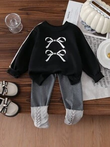 4-7 Years Old Girls Elegant Pullover Sweatshirt With Bow Decoration And Pants Set, Fashion Casual Chic Outfit For Little Girls