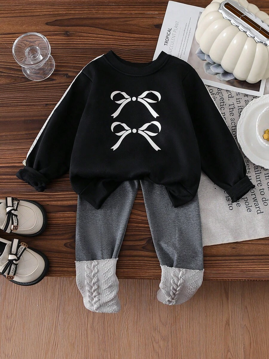 4-7 Years Old Girls Elegant Pullover Sweatshirt With Bow Decoration And Pants Set, Fashion Casual Chic Outfit For Little Girls