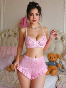PetitDoll 女士格子蝴蝶结装饰时尚内衣套装 - 粉色 - 查看 5