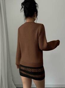 Elenzga Ensemble deux pièces pull col rond manches longues de couleur unie simple et mini-jupe pour femmes