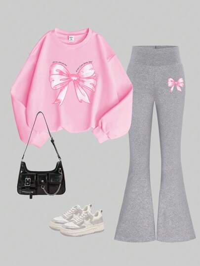 SHEIN Tween Girl Bow & Flower Print Crew Neck Sweatshirt And High Waist Knitted Flared Pants Set