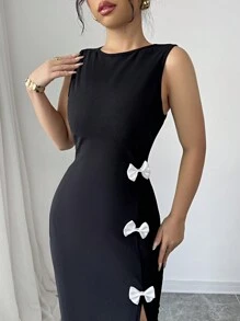 Elenzga 1pc Women's Elegant Sexy Sleeveless Round Neck Bodycon Dress With 3 Black Bow Decor, Black Knit Fabric, Stretchy Material, Spring/Summer - Black - View 6