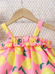 SHEIN 2 件装婴儿/女婴柠檬印花荷叶边吊带背心搭配南瓜裤套装，适合夏季海滩度假 - 粉色 - 查看 3