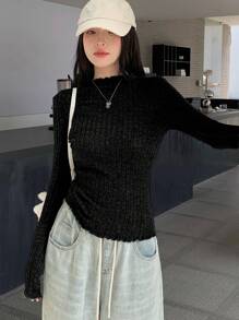 DAZY 女士立领羊毛面料修身长袖T恤，秋季服装 - 黑色 - 查看 4