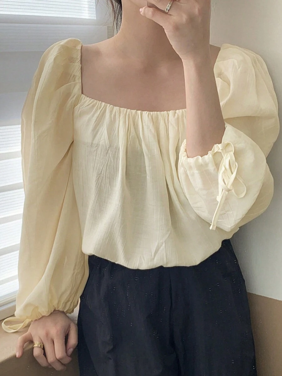 DAZY 女士短款方领长袖休闲宽松衬衫 - 黃色 - 查看 1