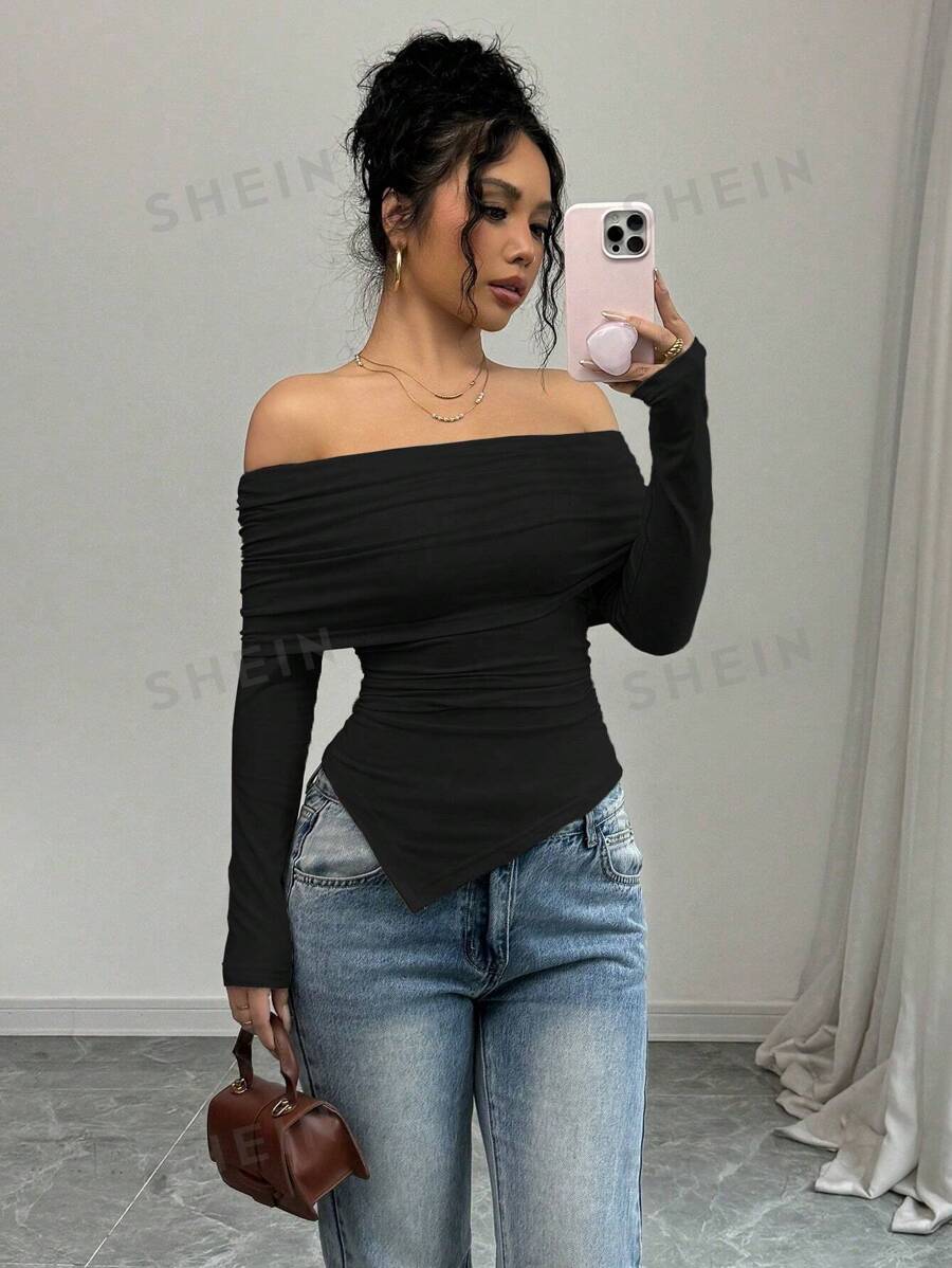 Elenzga Camiseta elegante de mujer con hombros descubiertos, solapa ancha, dobladillo con cordón y ajuste delgado, para primavera y otoño - Negro - Ver 1