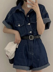 DAZY 女士休闲前扣短袖口袋牛仔连体裤