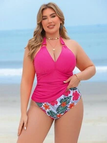 Swim Lushoire 2pcs/Set Plus Size Women Plant Print Random Halter Tied Split Tankini Swimwear, Casual Vacation For Summer Beach Vacation