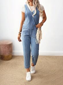 EMERY ROSE Women's Casual V-Neck Denim Overall With Dual Pockets - Blue - View 1