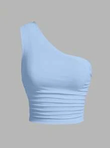 SHEIN EZwear Two-Piece Set Contrast Knit One-Shoulder Top For Women - Blue and White - View 4