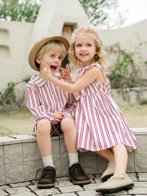 Souflis Souflis 2pcs/Set Young Boy Casual Outfit Sets With Striped Lapel Long Sleeve Shirt Cardigan And Elastic Waist Shorts, Sports & Outdoor Versatile