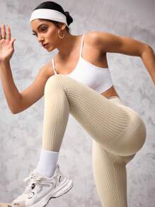 SHEIN Sports Women's High Elastic Matte Sporty Leggings - Khaki - View 2