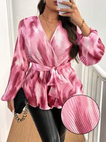 Vionelle 加大码前系带长袖简约衬衫，新年休闲日常穿着荷叶边上衣 - 粉色 - 查看 4