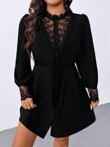 Juhart Đầm ren khoét sâu cổ chữ V thon gọn cho nữ cỡ lớn - màu đen - Xem 3