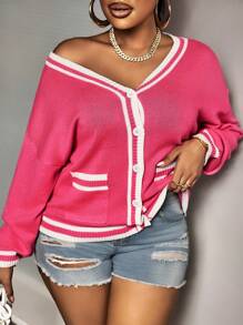 Slaydiva Plus Size Women Colorblock Trim Casual College Style Cardigan, Suitable For Valentine's Day - Multicolor - View 1