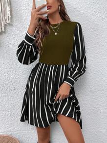 SHEIN LUNE Robe casual femme à col rond rayée à manches longues avec faux 2 pièces - Vert - Voir 6