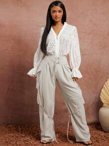 SHEIN SXY Spring/Summer Date Valentine's Day Wedding Elegant Vacation Outfits Birthday Outfits For Woman White Face Cloth Embroidered V-Neck Ruffled Trim Long Sleeve Pleated Front Center Cardigan Shirt Blouse - White - View 2